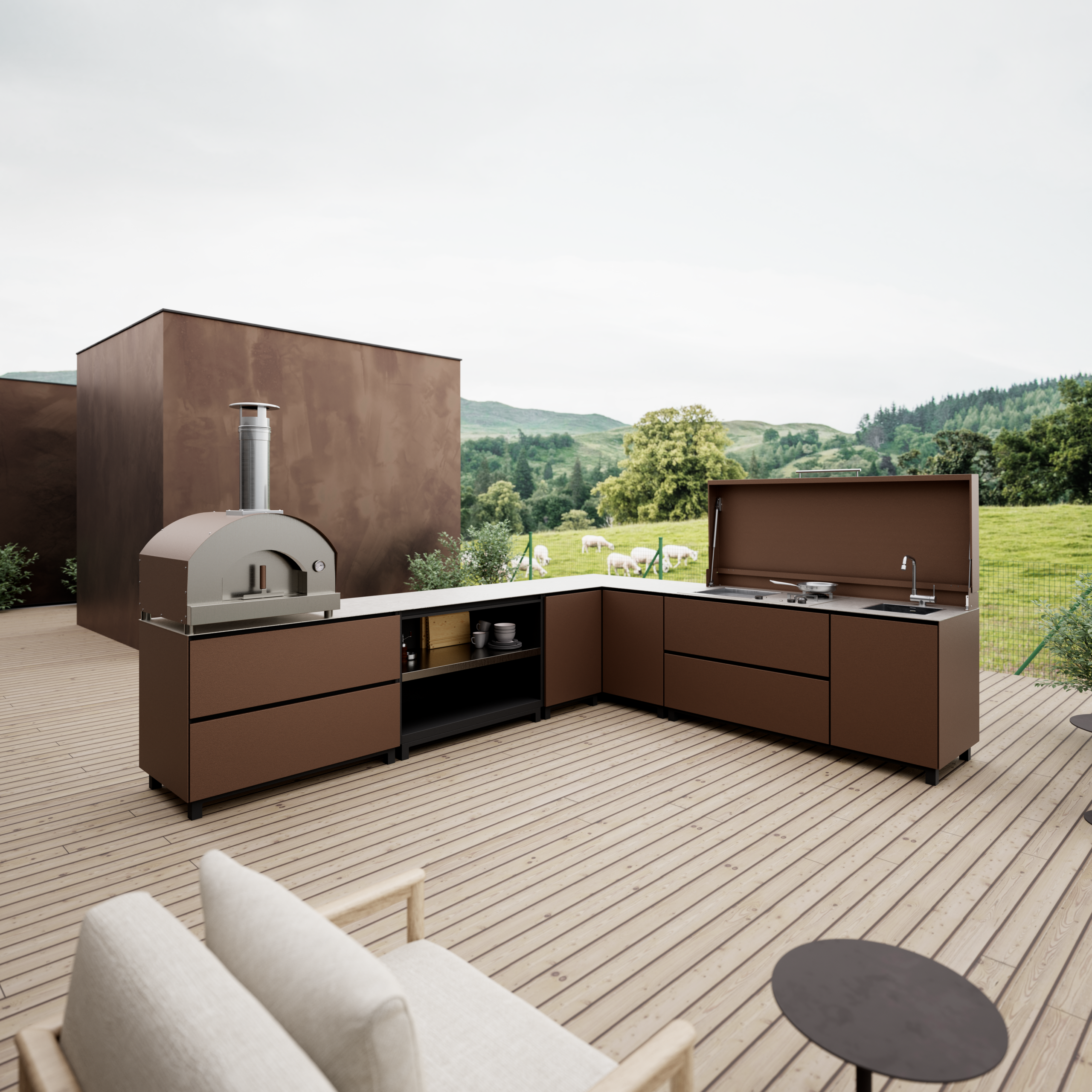 Eck-Outdoorküche in Marrone Ossido mit Blick in den Garten