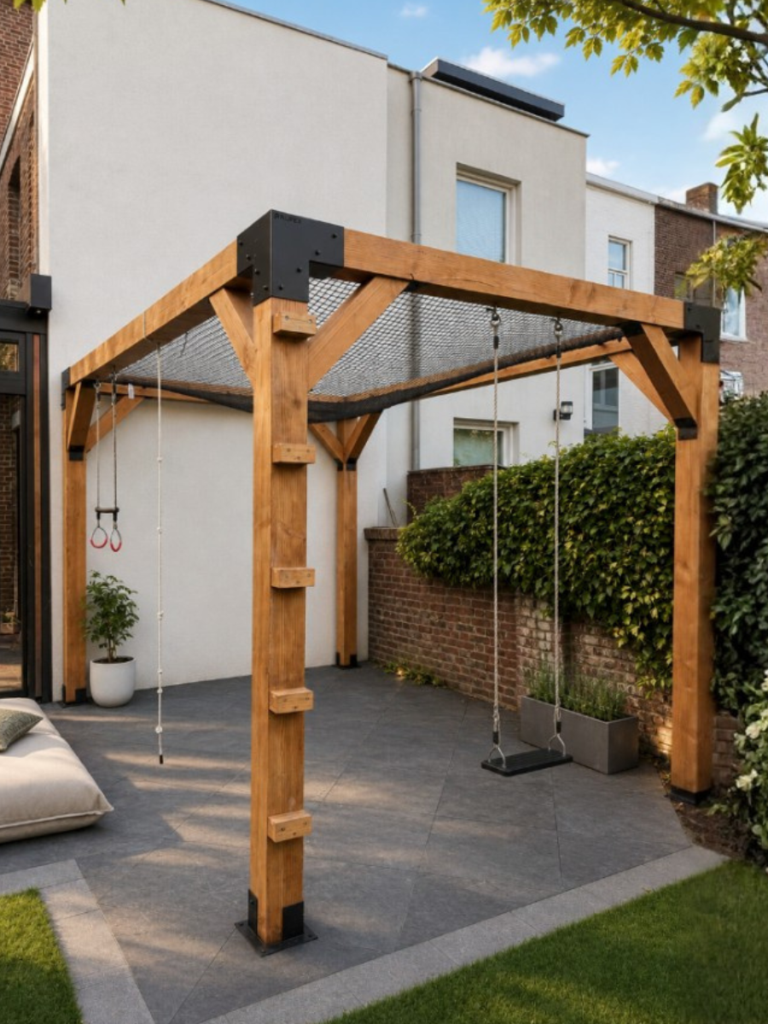 Kinder-Pergola aus Holz mit Kletternetz im Garten