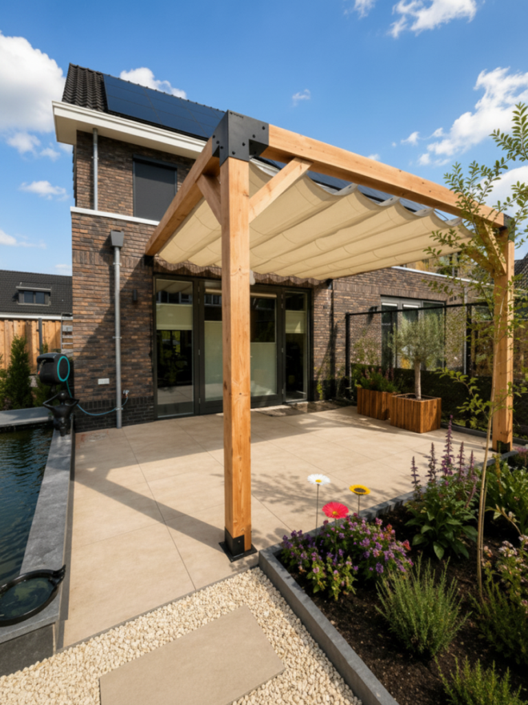Pergola aus Douglasienholz mit Sonnensegel auf der Terrasse