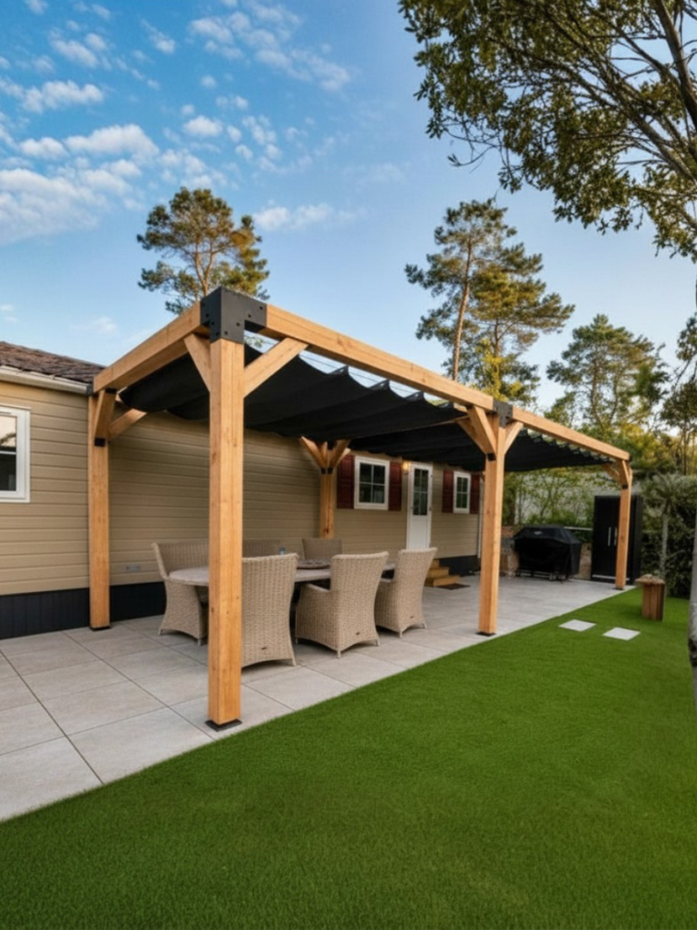 Holz-Pergola mit Sonnenschutz über der Terrasse