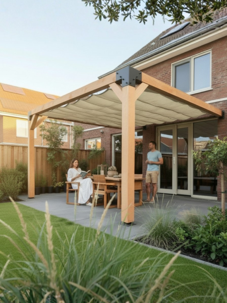 Holzpergola mit Schattentuch über der Sitzecke