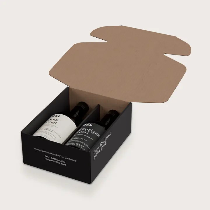 Geschenkbox mit zwei Olivenöl-Flaschen von O.E.L.