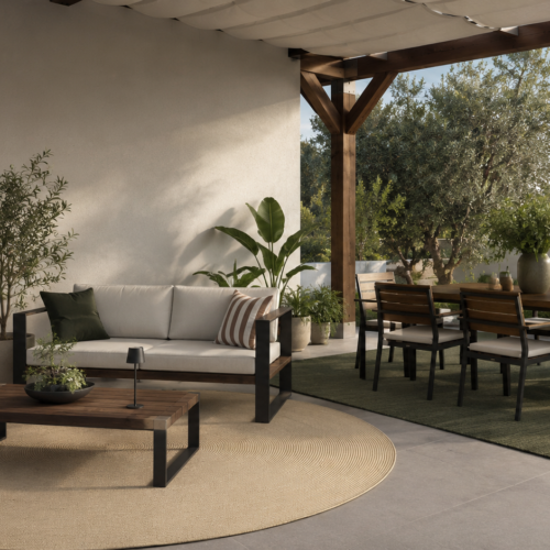 Outdoor-Teppich unter einer Pergola mit Loungemöbeln