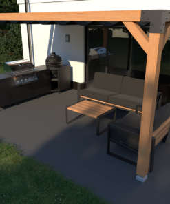 Outdoor-Küche Model 1 unter einer Pergola, daneben ein Lounge-Bereich auf der Terrasse