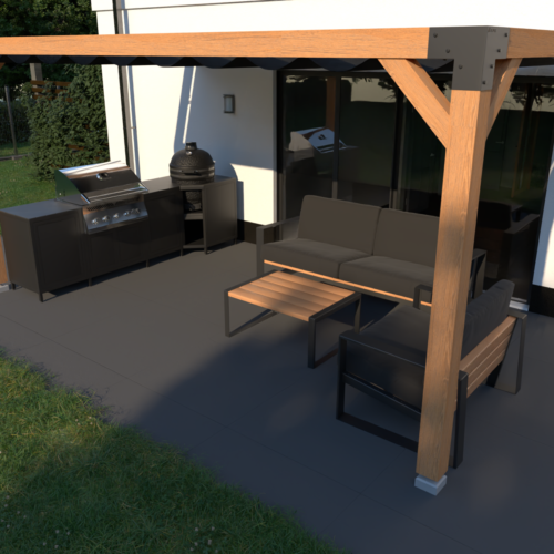 Outdoor-Küche Model 1 unter einer Pergola, daneben ein Lounge-Bereich auf der Terrasse