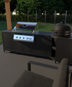 Koala Kitchens Outdoor-Küche Model 1 in Stahl schwarz mit Einbau-Gasgrill und Kamado auf der Terrasse