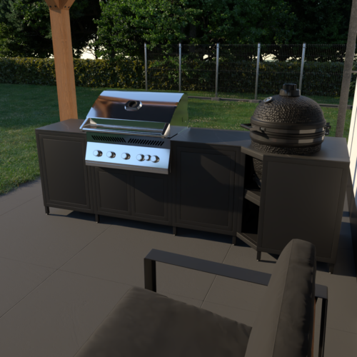 Koala Kitchens Outdoor-Küche Model 1 in Stahl schwarz mit Einbau-Gasgrill und Kamado auf der Terrasse