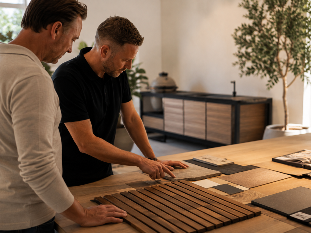 Zwei Berater legen Materialmuster für eine Outdoorküche aus