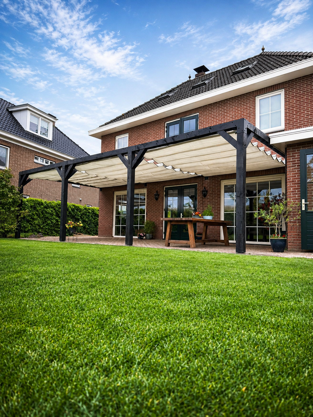 Extra große Pergola 1200 x 500 cm aus schwarzem Holz mit zwei Faltsonnensegeln