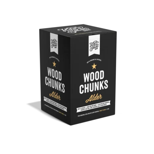 Holy Smoke Wood Chunks Erle – schwarze Verpackung mit Räucherholz