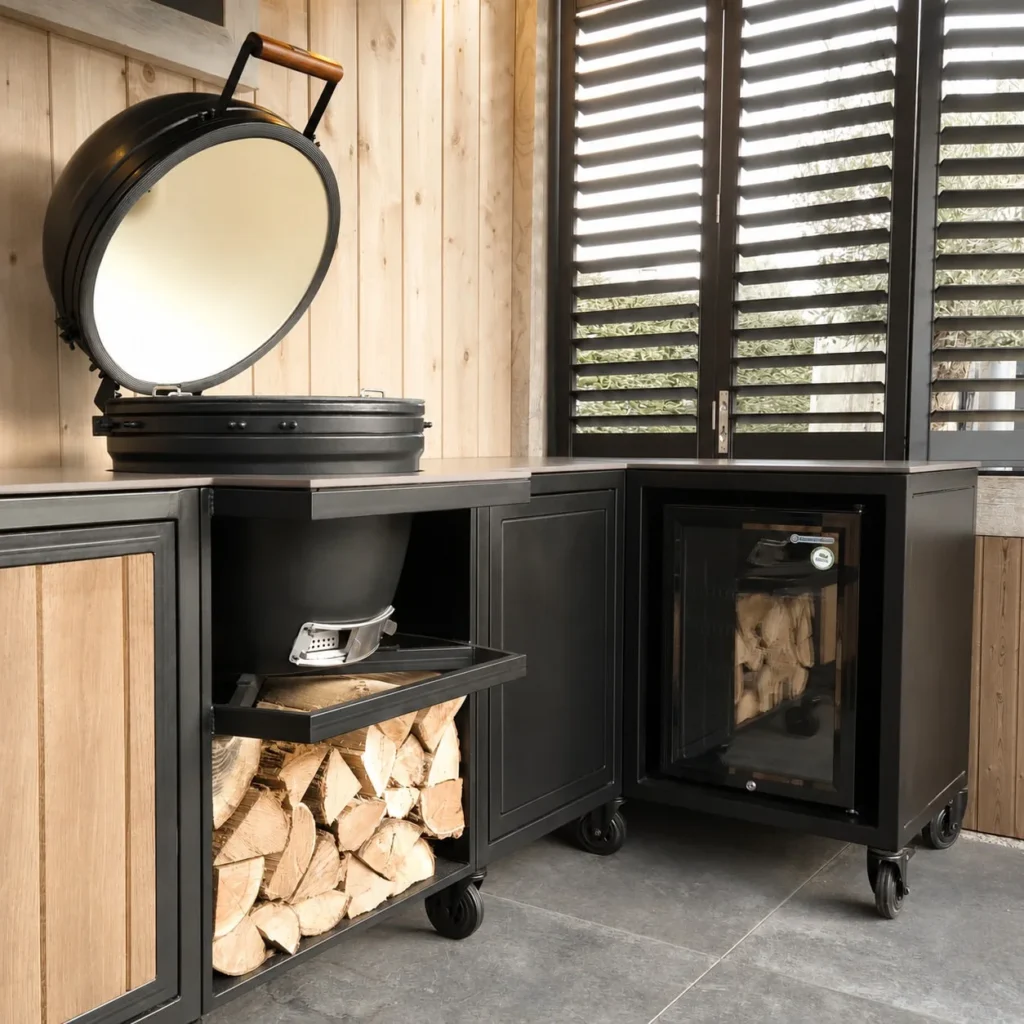 Kamado-Grill mit Holzlager und Feuerstelle