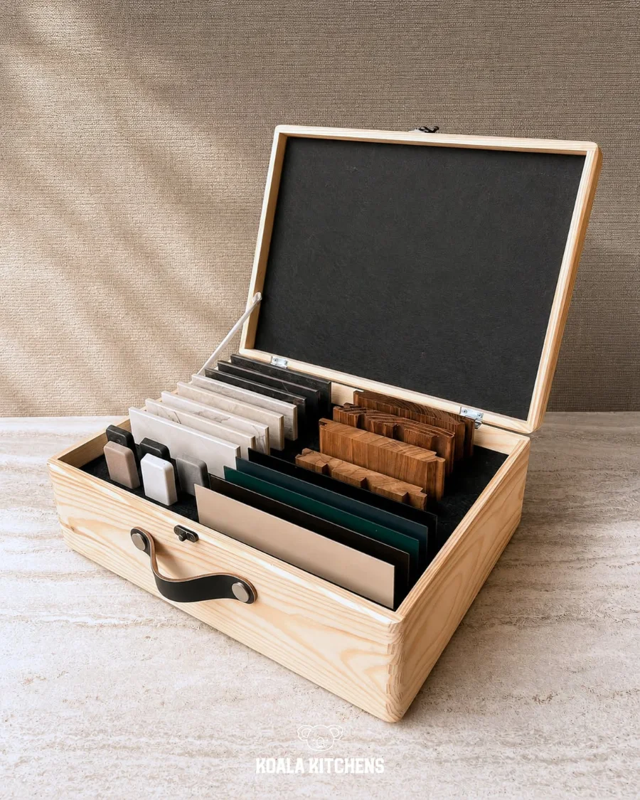 Geöffnete Materialbox mit Holz- und Dekton-Mustern im Showroom