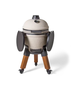 Moddern Kamado Sandstein Keramikgrill auf Rollwagen mit Seitentischen – Frontansicht mit eingeklappten Seitentischen und geschlossenem Deckel