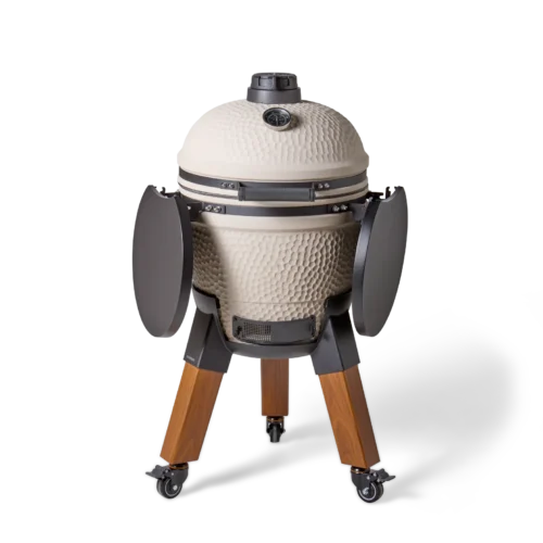 Moddern Kamado Sandstein Keramikgrill auf Rollwagen mit Seitentischen – Frontansicht mit eingeklappten Seitentischen und geschlossenem Deckel