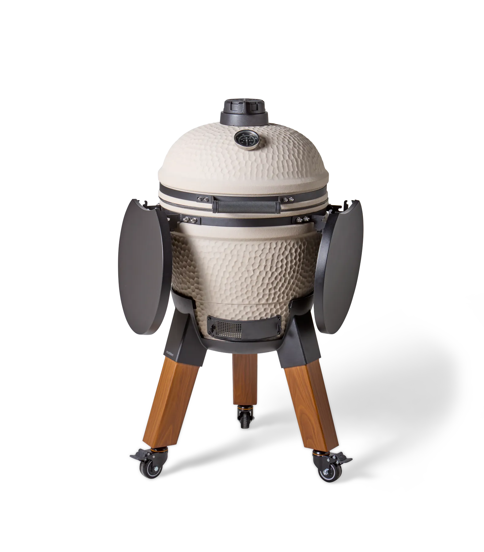 Moddern Kamado Sandstein Keramikgrill auf Rollwagen mit Seitentischen – Frontansicht mit eingeklappten Seitentischen und geschlossenem Deckel
