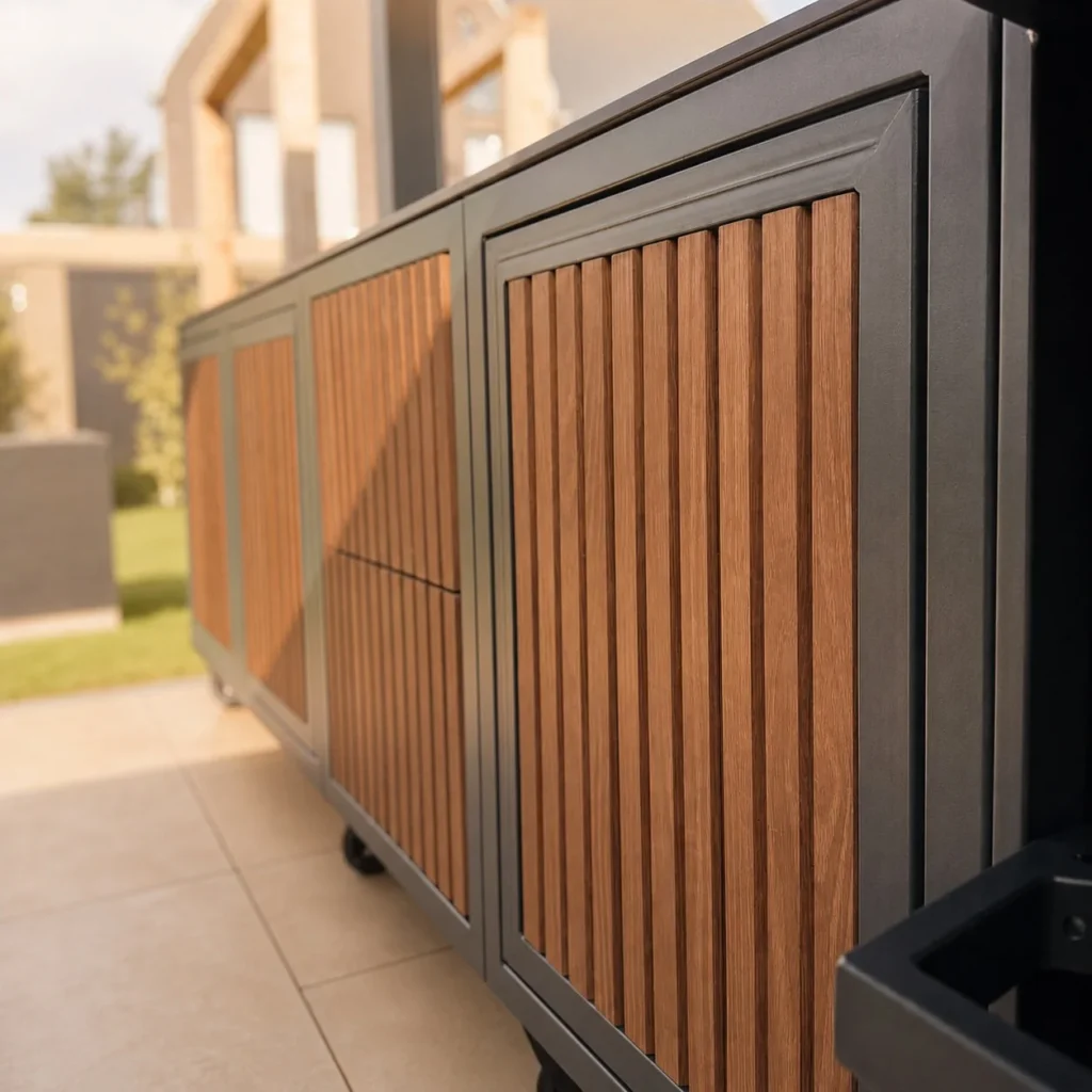 Detail der Holz- und Stahlfronten einer KANSO Outdoorküche