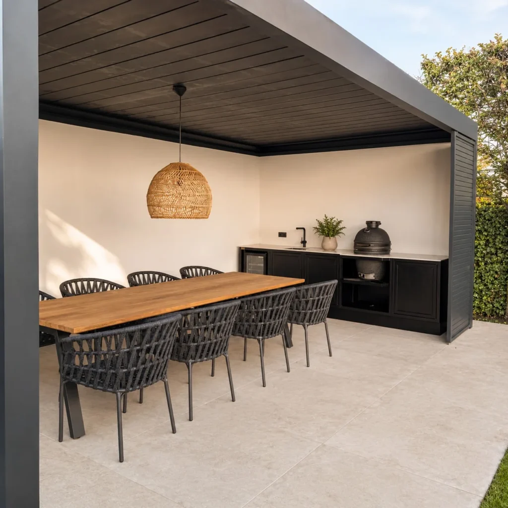 Pergola mit Esstisch und Pendelleuchte