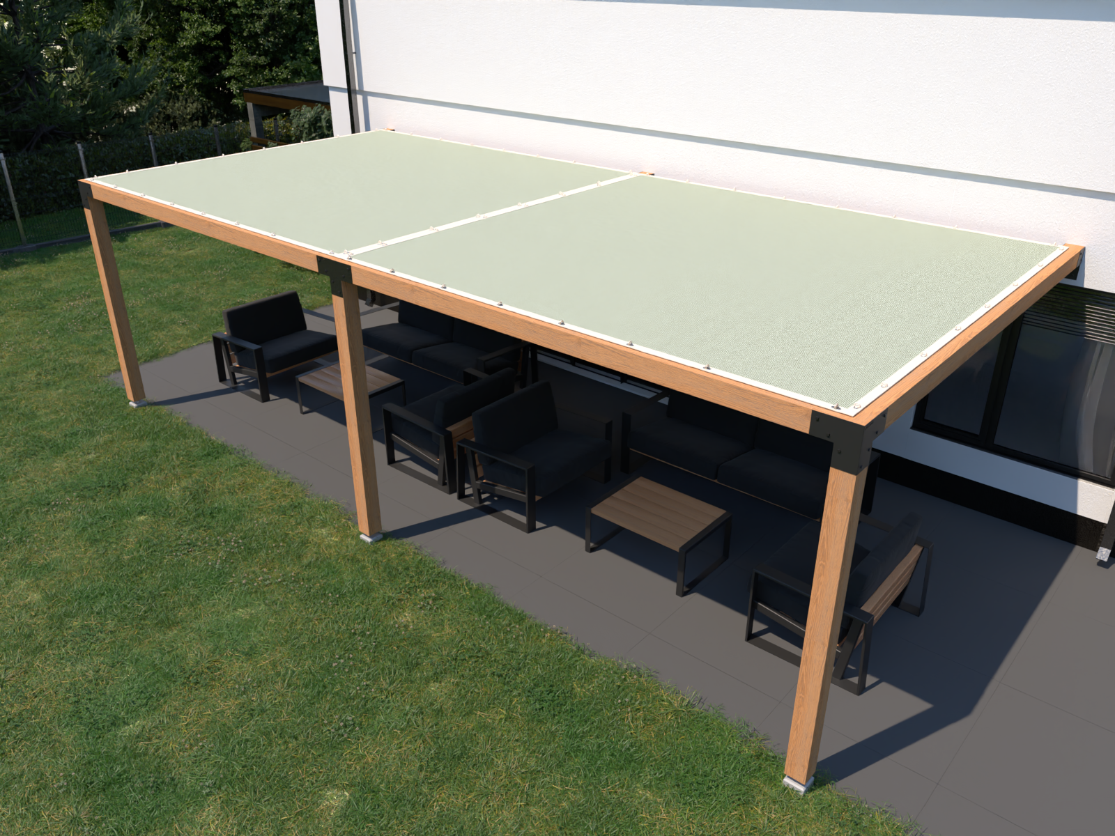 Straff gespanntes Sonnensegel für die Pergola