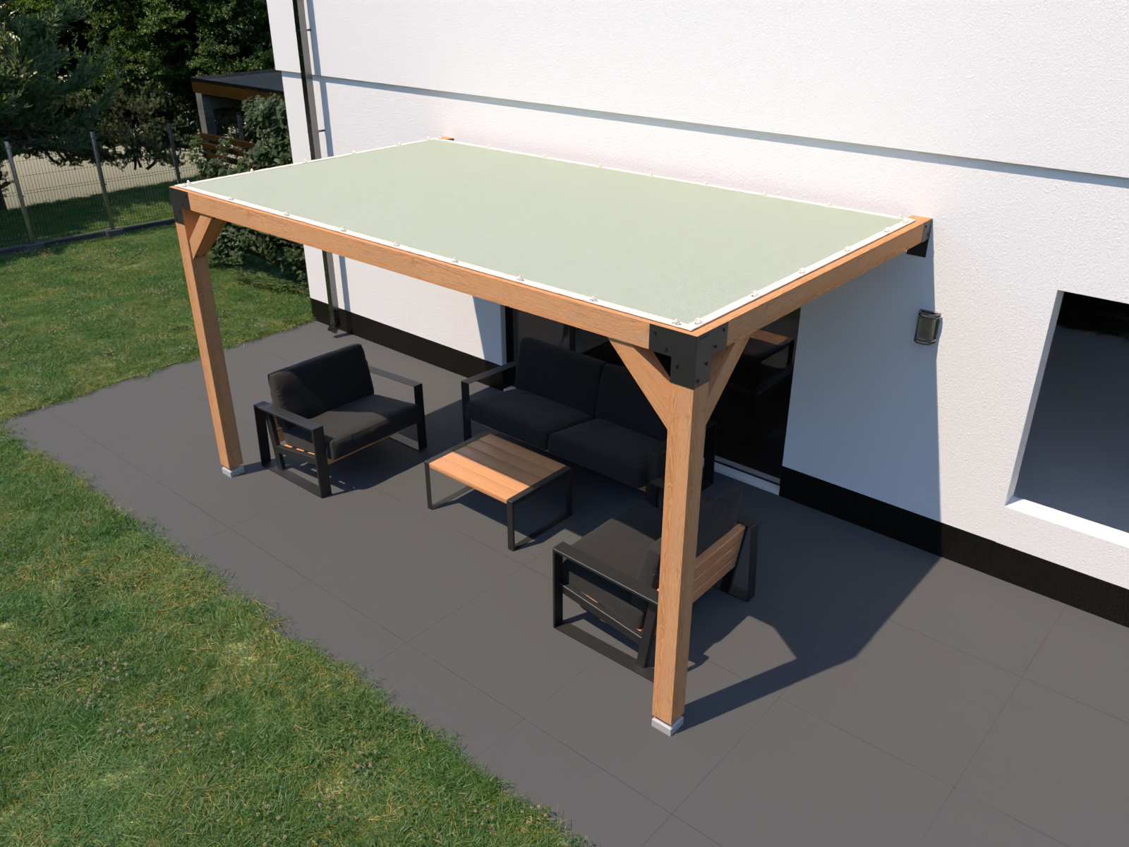 Straff gespanntes Sonnensegel für die Pergola