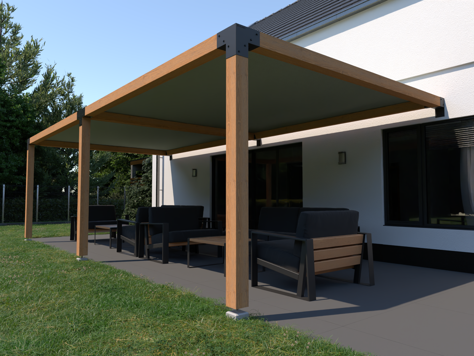 Straff gespanntes Sonnensegel für die Pergola