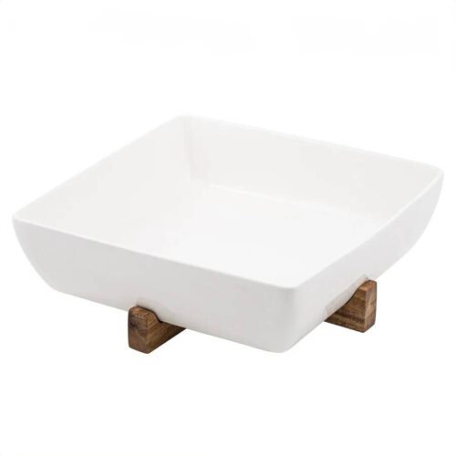 Ladelle Alto Oven to Table quadratische Schale aus Porzellan mit Akazien-Untersetzer