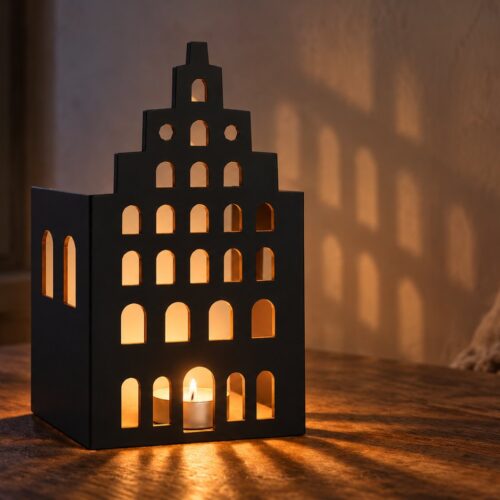 Giebelhaus Am Sande Lüneburg Teelichthaus auf Eichentisch am Abend – Lichtmuster an der Wand