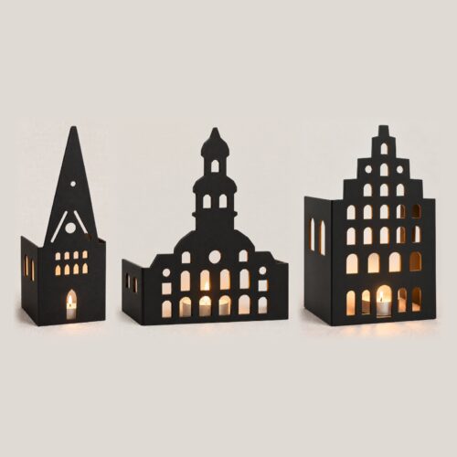 Lüneburg Windlicht-Häuschen 3er-Set aus Stahl: St. Johanniskirche, Rathaus und Giebelhaus Am Sande mit Teelichtern