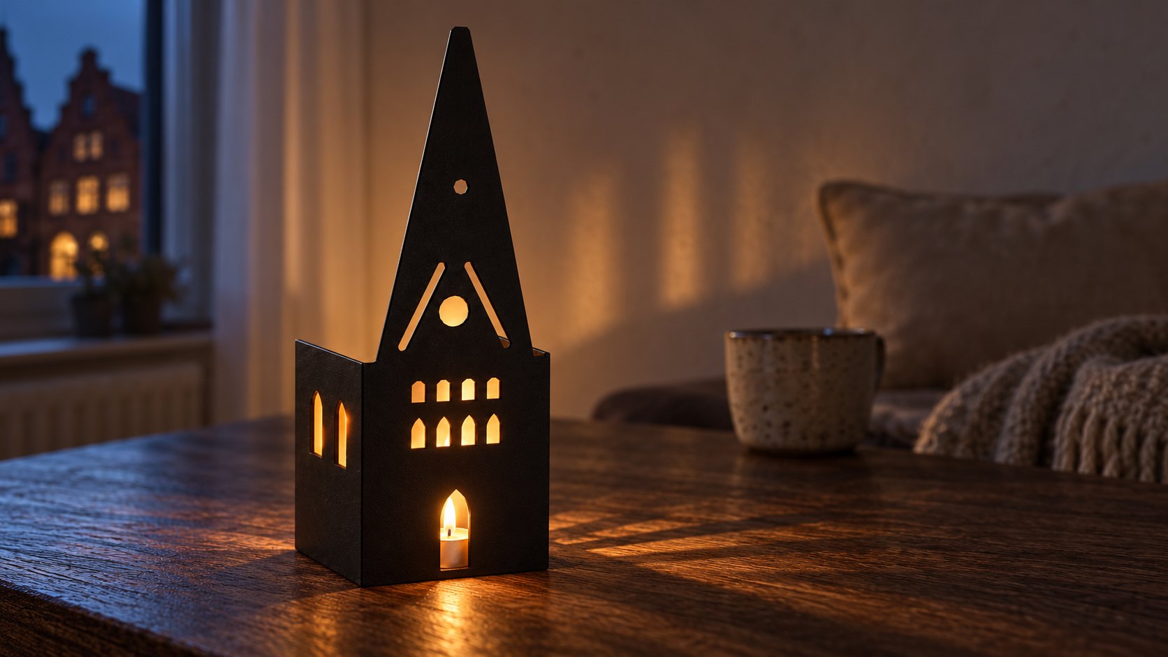 St. Johanniskirche Lüneburg Teelichthaus auf Eichentisch am Abend – Lichtmuster an der Wand