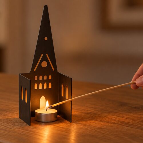 St. Johanniskirche Lüneburg Windlicht von hinten: Teelicht wird mit Streichholz angezündet, offene Rückseite