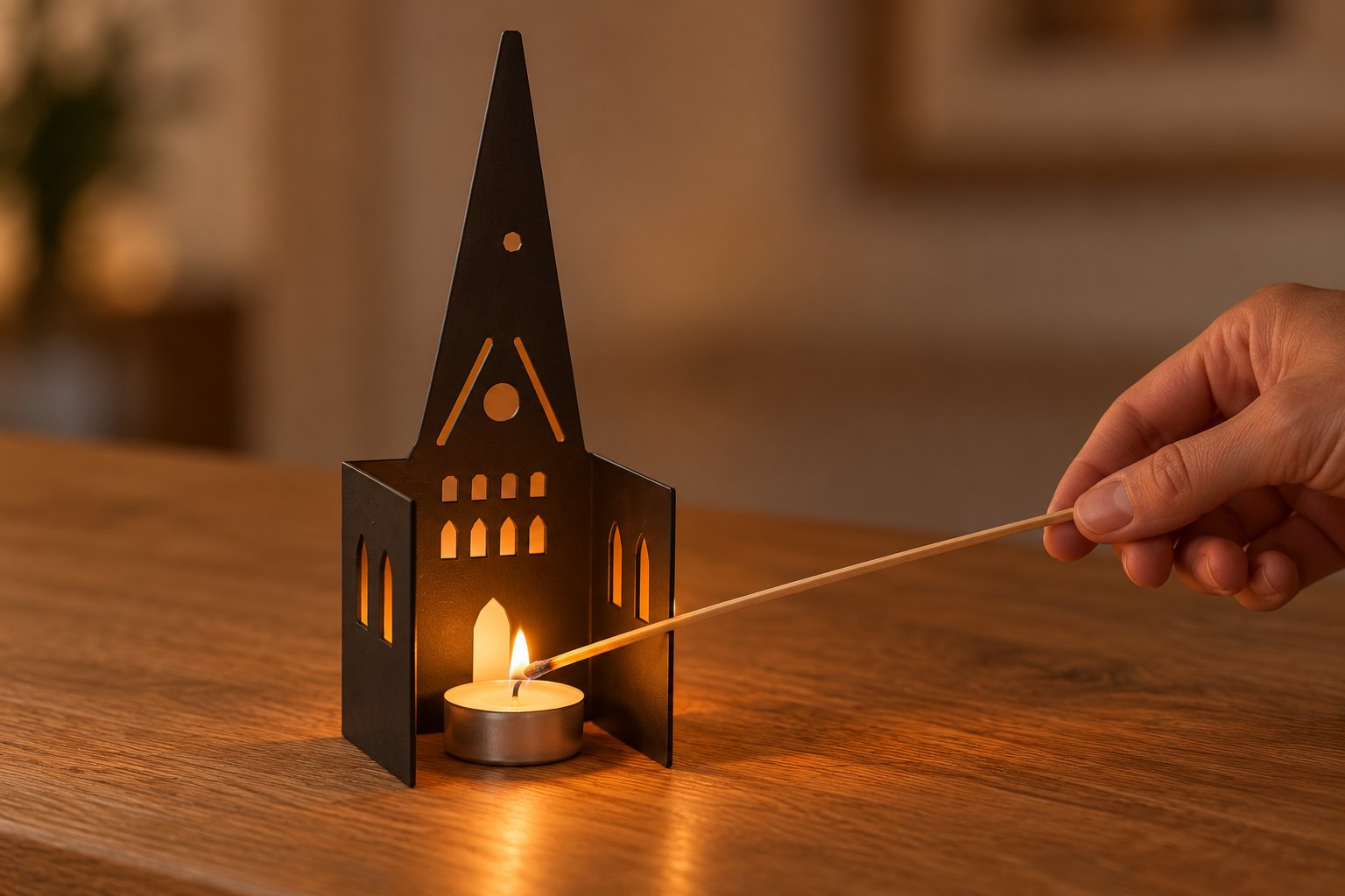 St. Johanniskirche Lüneburg Windlicht von hinten: Teelicht wird mit Streichholz angezündet, offene Rückseite