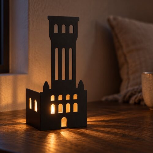 Lüneburger Wasserturm Teelichthaus auf Eichentisch am Abend – Lichtmuster an der Wand