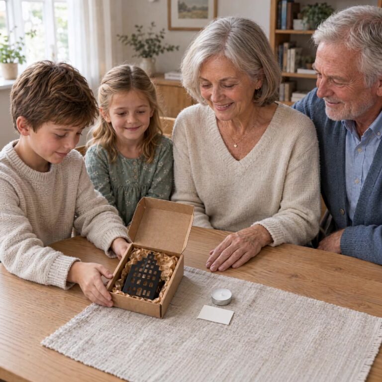 Familie packt ein Lüneburg Windlicht-Häuschen aus der Geschenkschachtel aus