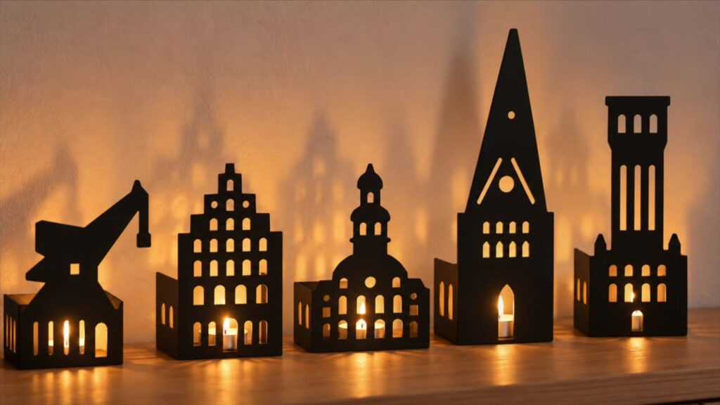 Fünf Lüneburg Windlicht-Häuschen aus Stahl mit Teelichtern auf dem Sideboard